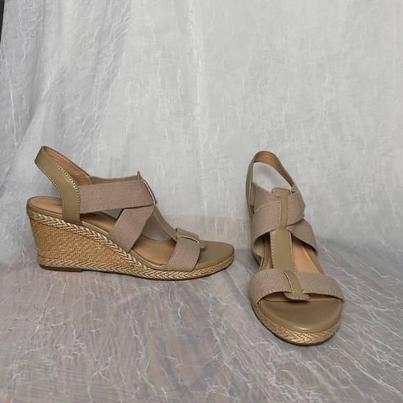 Lucky Brand Cork Wedge Heel Espadrilles Sandals T-strap Stretch Slingback 9.5 - Picture 15 of 17
